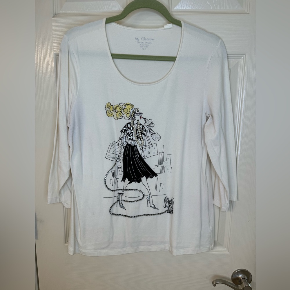 Chico's White Long Sleeve Tee with Fashion Graphic